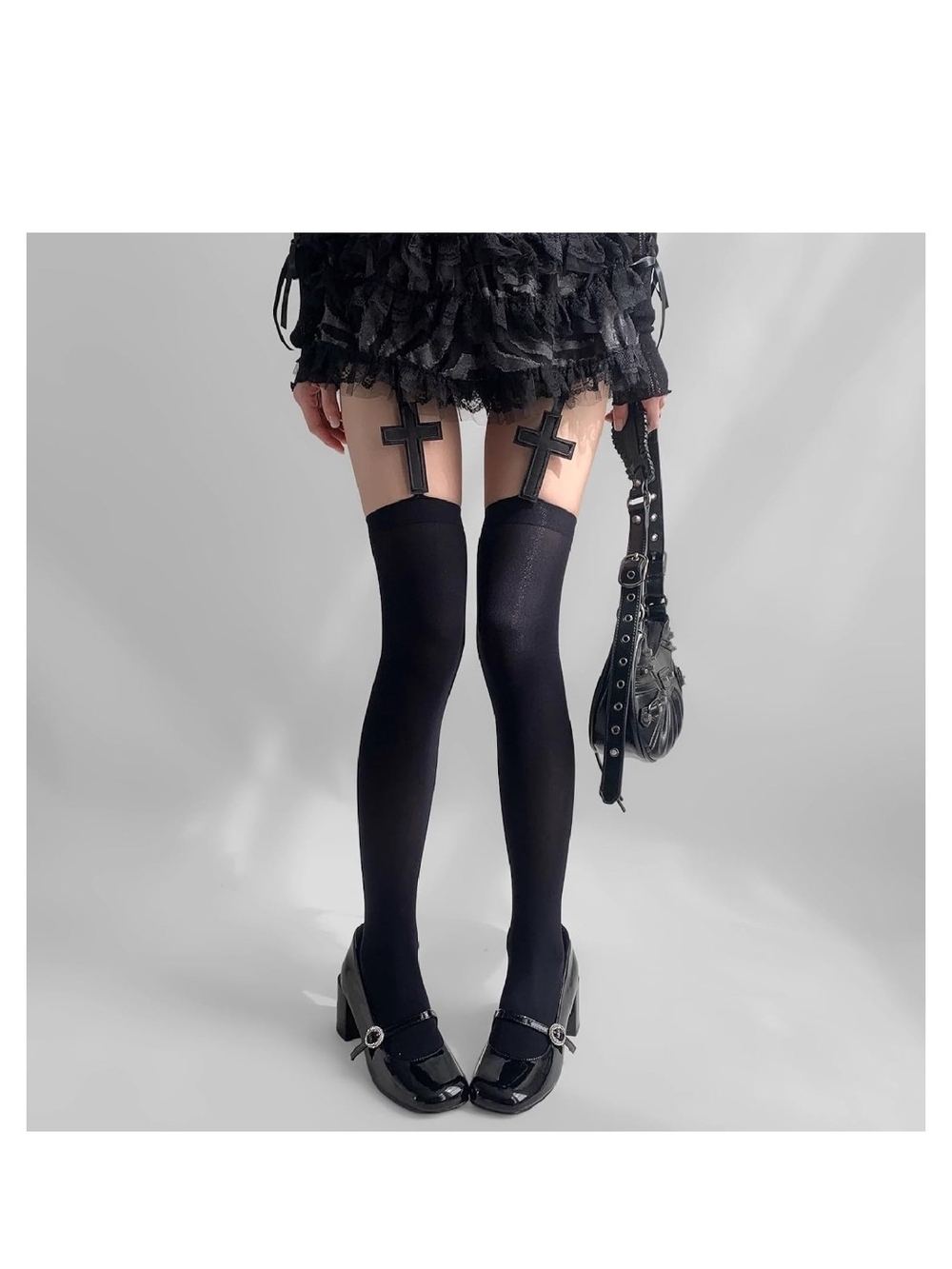 Black Gothic Cross Thigh-High Socks